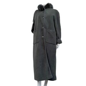 London Fog Longline Fleece Coat‎ Fox Fur Collar Olive Dark Academia Old Money10
